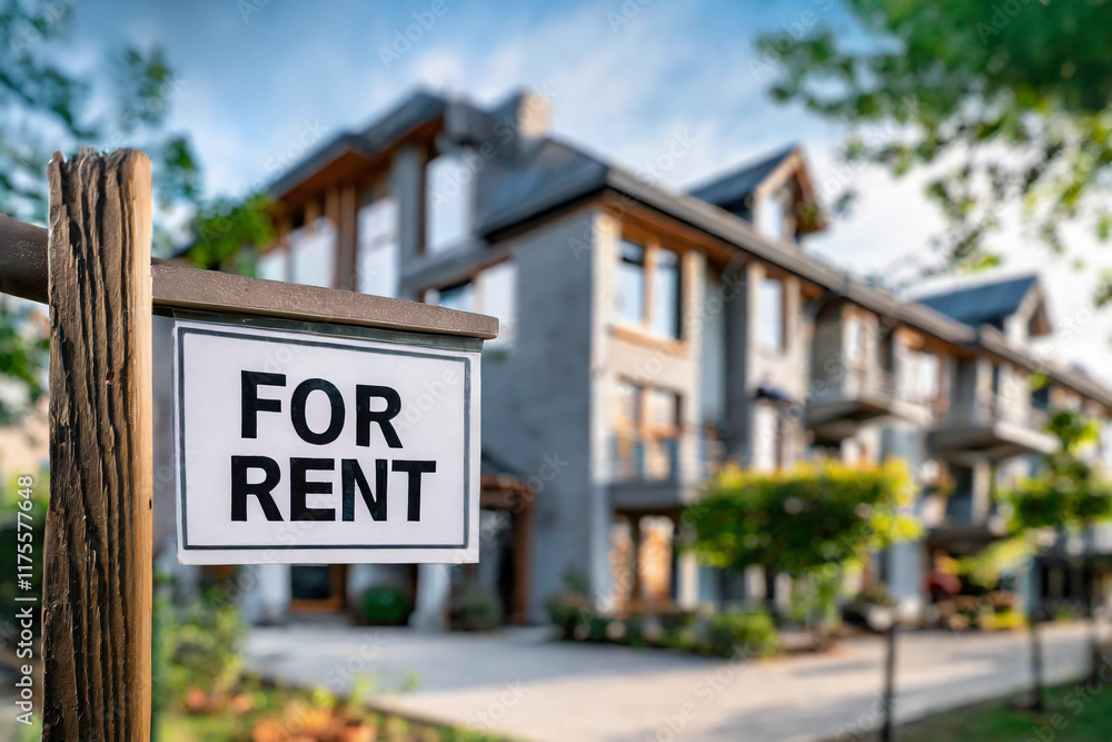 For rent sign in front of a modern apartment building. Real estate concept.