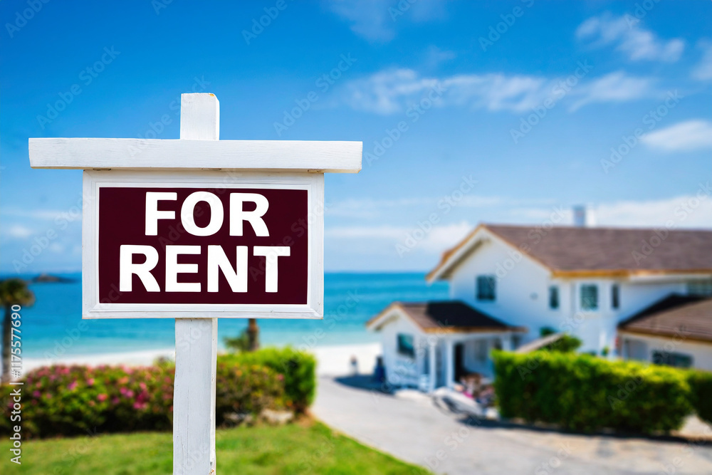 For rent sign with sea view background. Real estate concept image. For rent sign with sea view background. Real estate concept image.