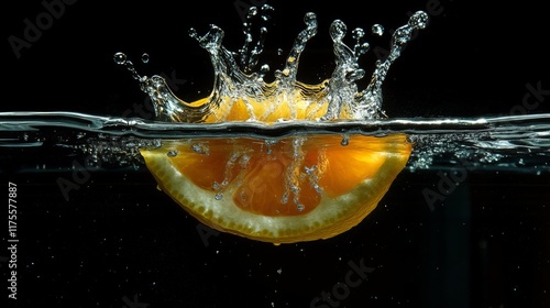 Orange slice splashing into water with dramatic bubbles and droplets.