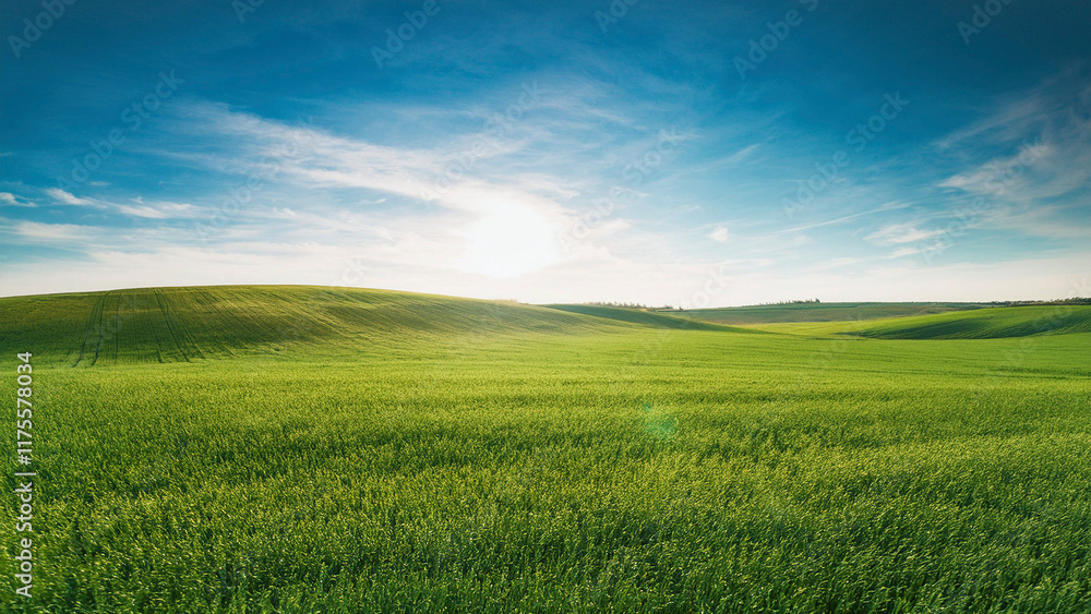 Beautiful spring landscape with green field and blue sky with white clouds Beautiful spring landscape with green field and blue sky with white clouds