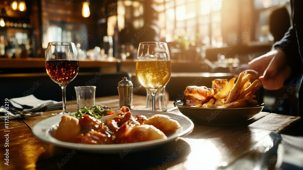 Elegant Dining with Wine and Comfort Food in a Warm Restaurant Atmosphere Elegant Dining with Wine and Comfort Food in a Warm Restaurant Atmosphere