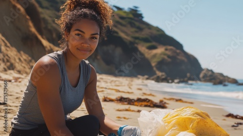 A compassionate mixed-race female volunteer cleaning up a sunny shoreline, her focus on making the beach pristine, with an inspiring natural backdrop. photo