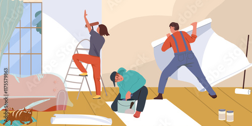 Family repair home and paint walls together. Vector illustration. People wallpapering and painting wall in apartment. House renovation, hand drawn vector illustration.