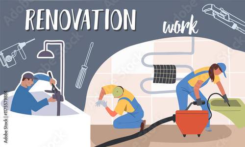Repair, renovation work collage, hand drawing vector.