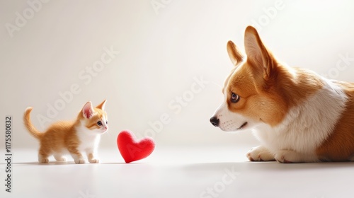 A curious corgi and kitten sitting opposite each other with a red heart decoration between them on a white background. photo