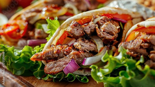 close-up of delicious juicy shawarma. Selective focus