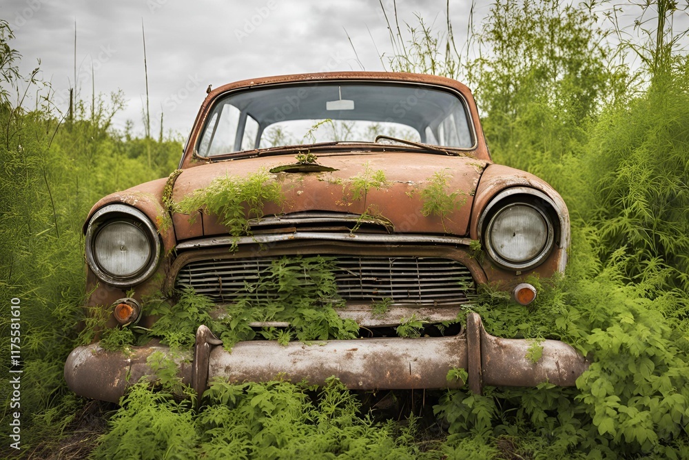 An old abandoned car, rusty and overgrown with weeds. An old abandoned car, rusty and overgrown with weeds.