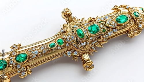 A 3D 4K golden artifact adorned with vibrant emerald gemstones and sparkling diamonds. The ornate detailing and intricate craftsmanship highlight its  photo