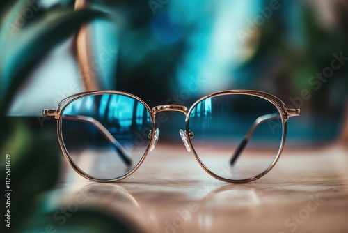 A display of high-end eyeglasses for men and women in a chic boutique, featuring mirrors and decorative plants photo