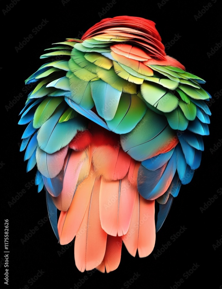 Fototapeta premium Detailed view of a parrot’s back showcasing layered vibrant feathers in stunning colors.