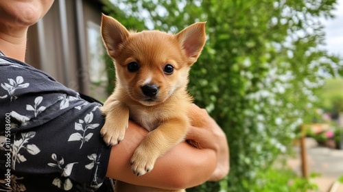  Close-up of a curious and adorable brown puppy with soft fur.