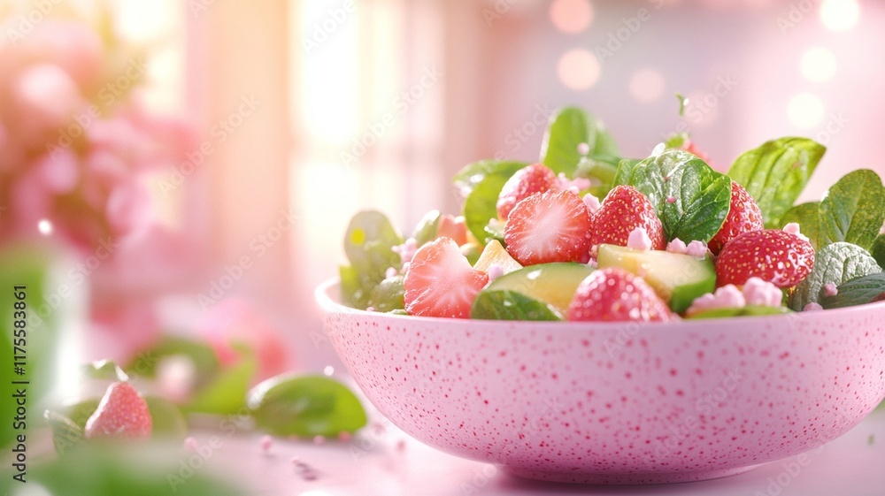 A vibrant plant based meal bowl filled with fresh strawberries, greens, and colorful fruits, perfect for healthy lifestyle A vibrant plant based meal bowl filled with fresh strawberries, greens, and colorful fruits, perfect for healthy lifestyle