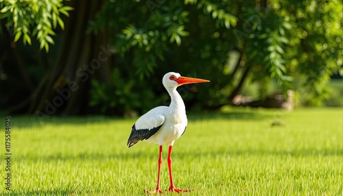 White stork in grassy park photo