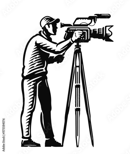 Professional videographer operating camera with microphone. Video shooting, reportage, film industry