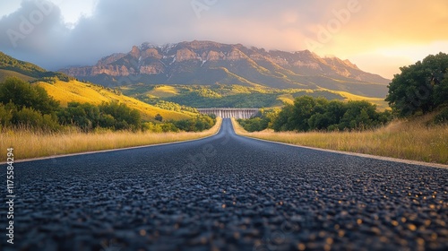 Asphalt road leading to a mountain range at sunset. Scenic landscape with a paved highway, golden hills, and a mountain backdrop. photo