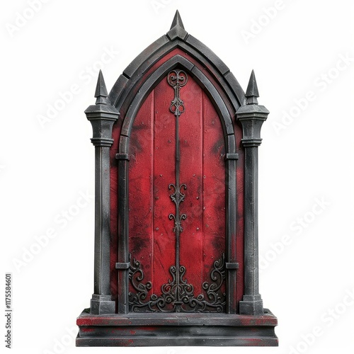 Intricate wrought iron details adorn a weathered red gothic door set within a dark gray stone frame, isolated against a white backdrop photo