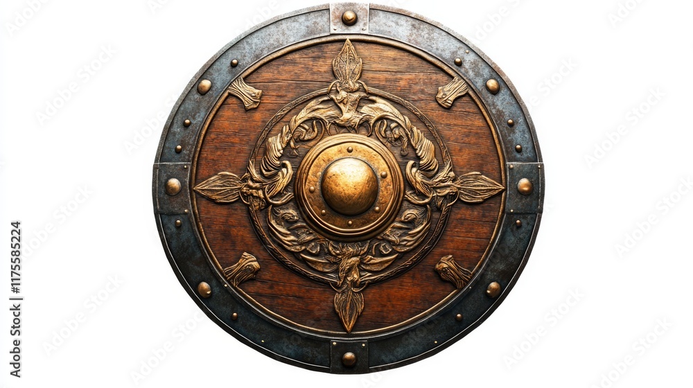 Naklejka premium Ornate Wooden Shield with Metal Rim Displayed on White Background.