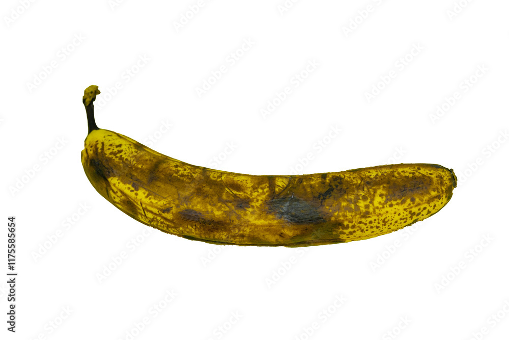 Overripe banana with dark brown spots and blemishes, showing signs of age and decay. Overripe banana with dark brown spots and blemishes, showing signs of age and decay.
