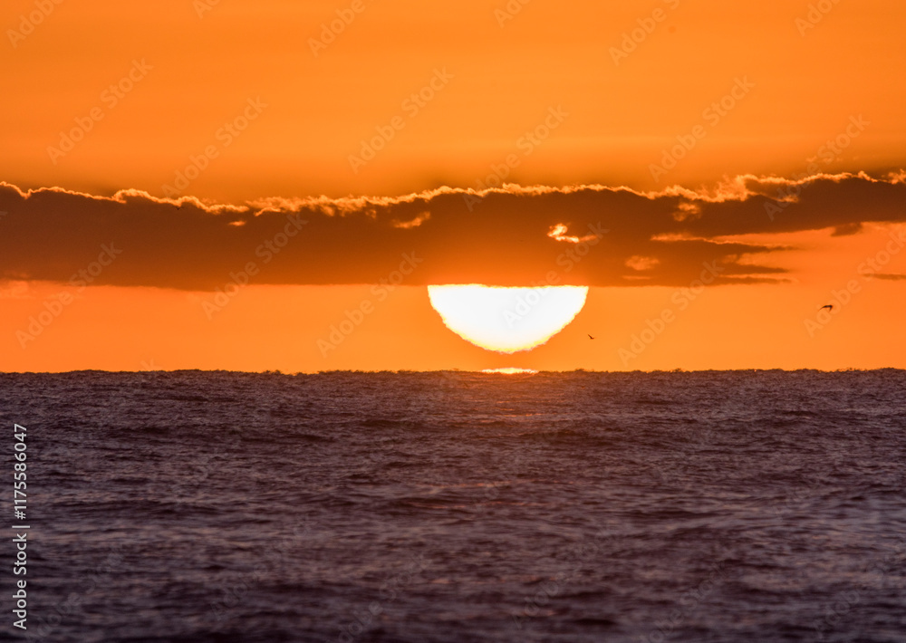 Sunrise on the beach. A nice sunrise. The sun emerges over the horizon. Lights and reflections of sunrise on a beautiful beach. Sunset colors. Sea waves

