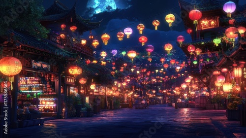 Wallpaper Mural Illuminated Asian Street Night Market Lanterns Torontodigital.ca
