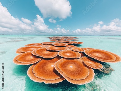 Stunning Aerial View of Vibrant Coral Formations in Shallow Turquoise Waters Under a Bright Blue Sky with Soft White Clouds, Tropical Paradise Landscape