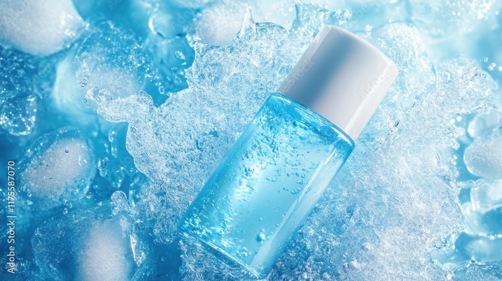 A deodorant bottle with cool blue liquid motion representing freshness on an icy blue background. A deodorant bottle with cool blue liquid motion representing freshness on an icy blue background.