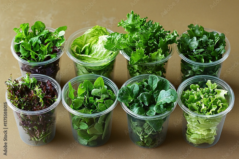 Fresh Assorted Leafy Greens in Cups Healthy Salad Mix Organic Vegetables Culinary Herbs Fresh Assorted Leafy Greens in Cups Healthy Salad Mix Organic Vegetables Culinary Herbs