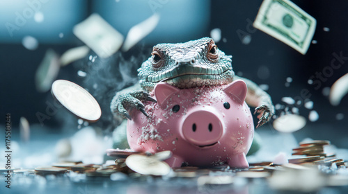 Lizard with piggy bank surrounded by money and coins in a creative financial concept