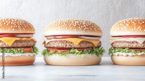 Delicious and Juicy Hamburger Trio Arranged on a Light Background with Fresh Vegetables, Cheese, and Tasty Sauces for an Appealing Food Composition photo