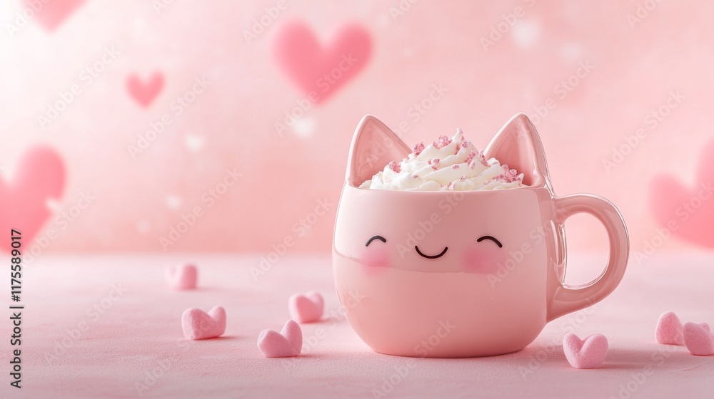 Cute Cat mug of coffee with marshmallows. Banner with place for text. Cosy season sweet drink cup. Friendship or love concept greeting card. Cute Cat mug of coffee with marshmallows. Banner with place for text. Cosy season sweet drink cup. Friendship or love concept greeting card.