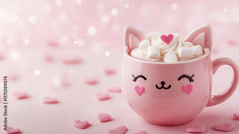 Cute Cat mug of coffee with marshmallows. Banner with place for text. Cosy season sweet drink cup. Friendship or love concept greeting card. Cute Cat mug of coffee with marshmallows. Banner with place for text. Cosy season sweet drink cup. Friendship or love concept greeting card.