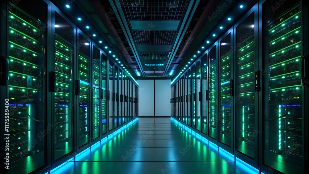 Futuristic Server Room with Green and Blue Neon Glow for AI-Driven Cloud Computing and Networking Futuristic Server Room with Green and Blue Neon Glow for AI-Driven Cloud Computing and Networking