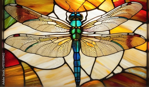 A vibrant stained glass dragonfly with iridescent wings, poised against a backdrop of a colorful sunset.