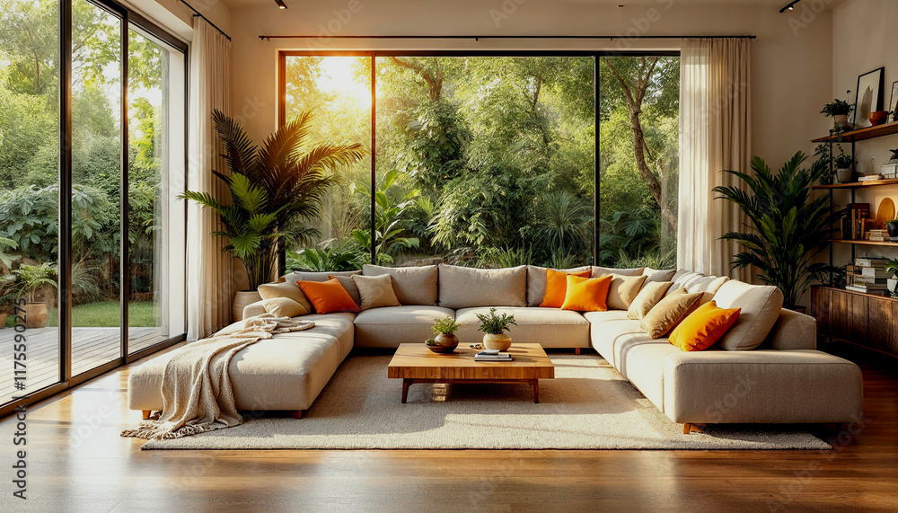 Fototapeta premium Modern, Natural Living Room with Large Windows