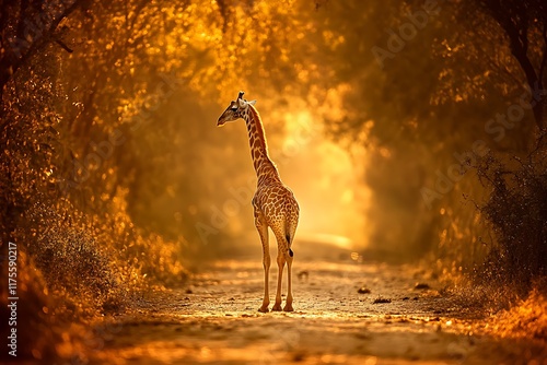 Young giraffe walking on dirt road at sunset in african landscape