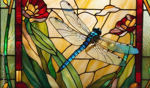 A vibrant stained glass dragonfly with iridescent wings, poised against a backdrop of a colorful sunset.