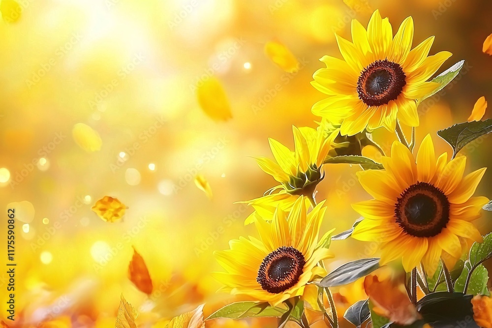 Fototapeta premium Vibrant Sunflowers in Autumnal Sunlight with Falling Leaves Nature Photography
