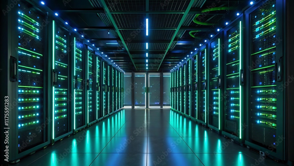 Futuristic Server Room with Green and Blue Neon Glow for AI-Driven Cloud Computing and Networking Futuristic Server Room with Green and Blue Neon Glow for AI-Driven Cloud Computing and Networking