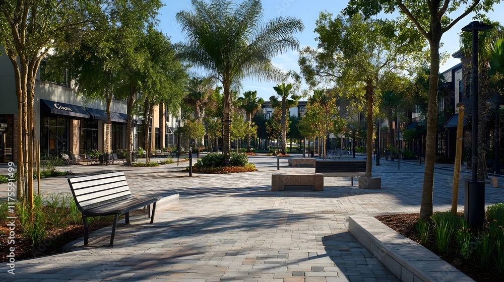 Modern Retail Street with Palm Trees and Benches Modern Retail Street with Palm Trees and Benches