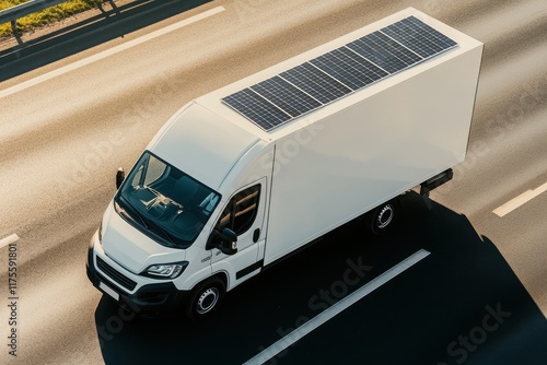 Eco-friendly delivery truck with solar panels driving on a highway, showcasing sustainable transport solutions for modern logistics. photo