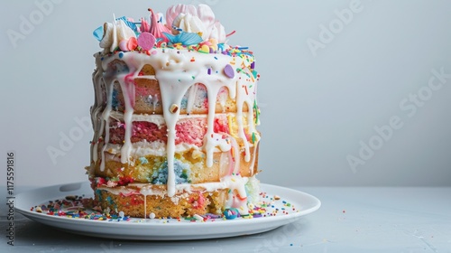 Cake with colorful chaotic layers, dripping icing, edible flower petals, and candy sprinkles, photographed on minimalist gray background. Playful, quirky design Valentine’s Day, birthday celebrations.