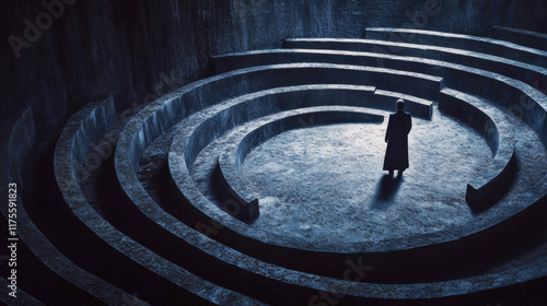 Dark labyrinth with a solitary figure in a dramatic setting at twilight