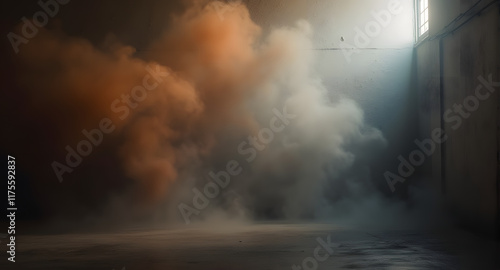 Dramatic Smoky Room Interior with Glowing Window