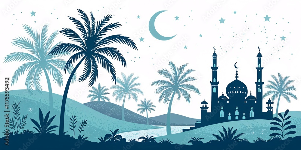 Obraz premium Islamic Desert Oasis with Mosque and Crescent Under Starry Sky V5