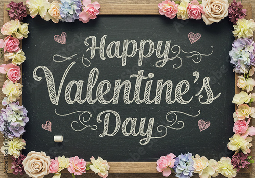 Chalkboard Valentine s Day Message Surrounded by Pastel Flowers photo