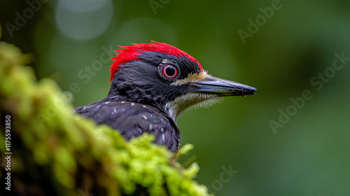 Black woodpecker perched on mossy branch in vibrant forest during daylight
