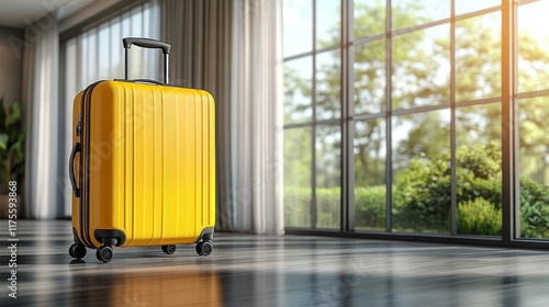 Bright yellow suitcase stands in a modern home near large windows overlooking a garden. photo