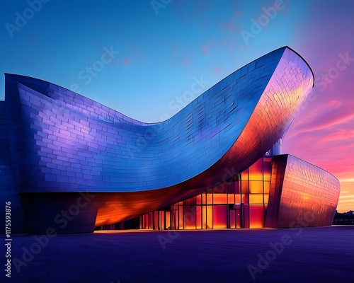 Modern architectural marvel at sunset, showcasing sleek metal curves and vibrant sky reflections.