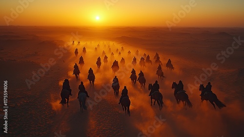 Horse riders galloping across desert at sunset, kicking up dust. photo