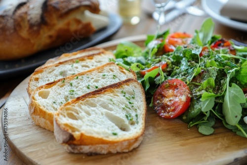 A modern vegetarian restaurant with a rustic twist, showcasing freshly baked bread and farm-fresh vegetable dishes photo